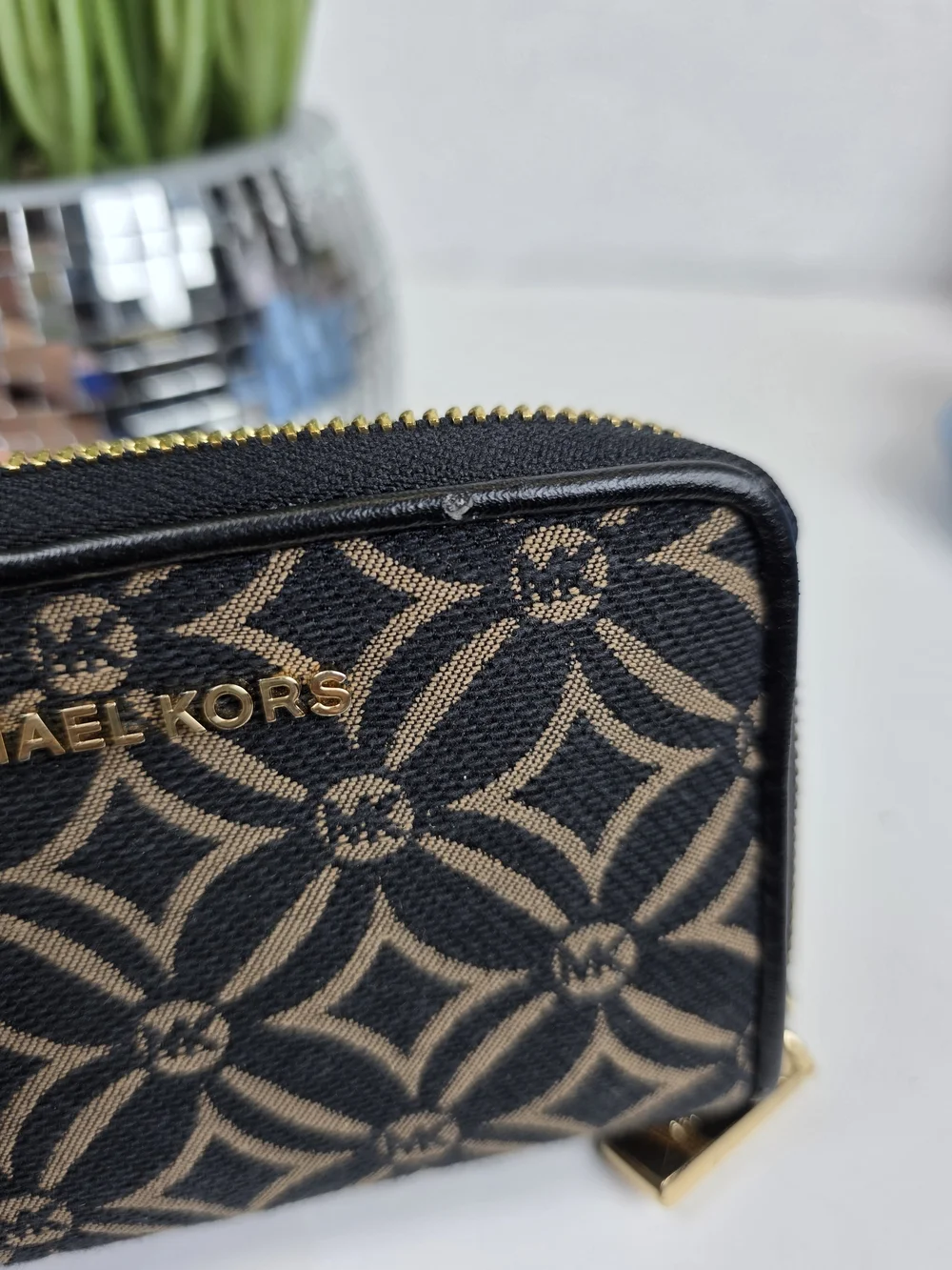 Michael Kors Black and Brown Signature Jacquard Zip Card Holder